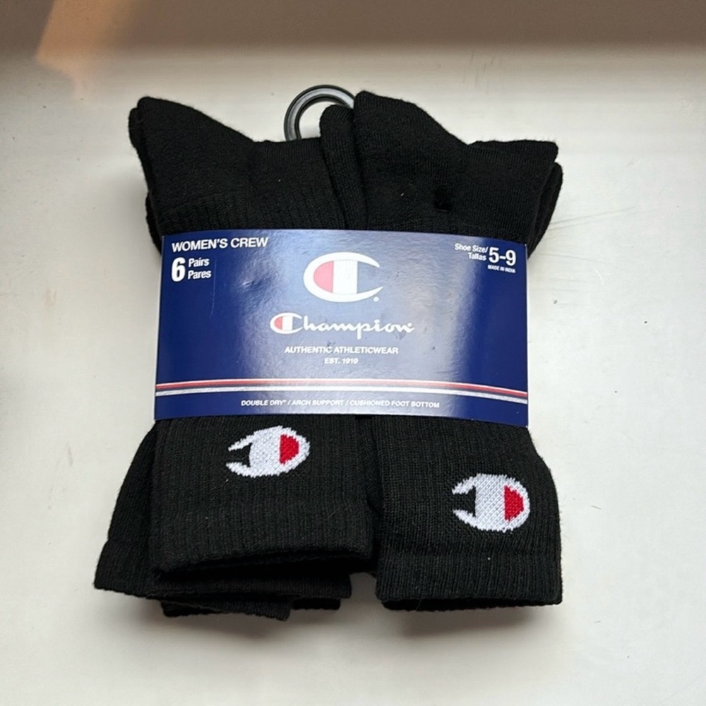 New Champion Socks Women’s 6 Pair Black Crew Socks Athletic Casual Activewear